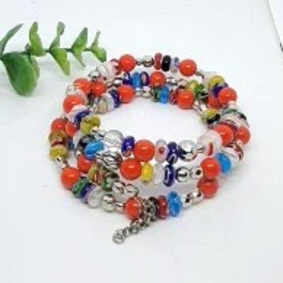 Muli-colored Beads with Silver Spacers Wrap Around Bracelet with Chain - Picture 1 of 2